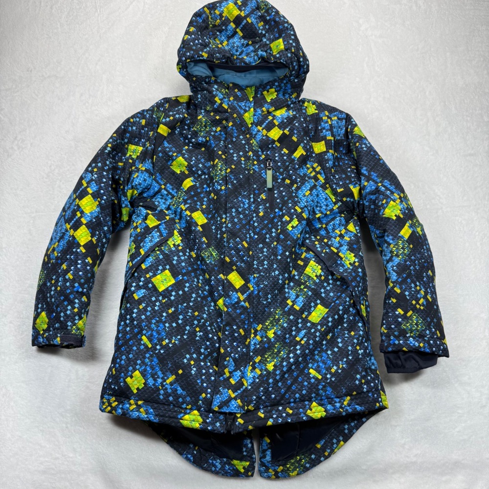 Champion Puffer Jacket Hooded Winter Coat Geometric Print Size M (8-10)